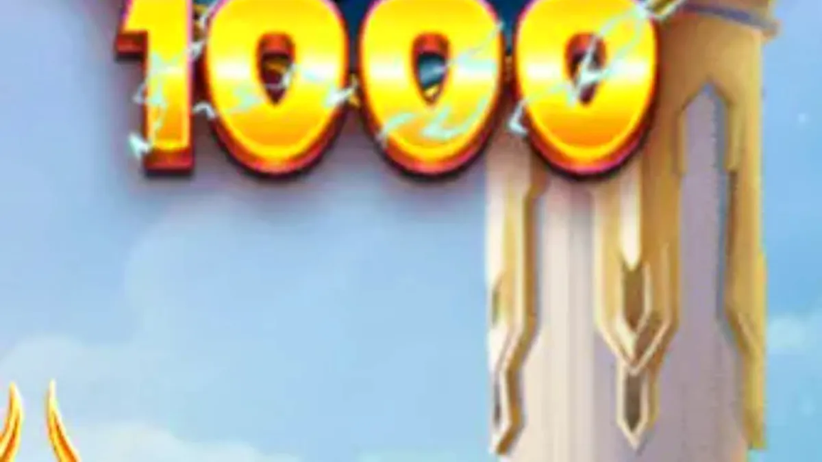 Pemandangan gerbang surgawi dan Zeus dalam permainan slot Gates of Heaven 1000