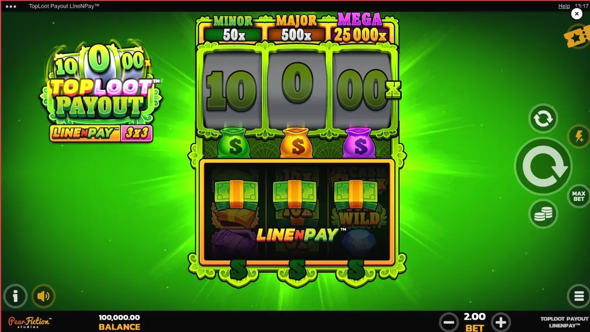 Tampilan visual slot TopLoot Payout LineNPay dengan tema harta karun emas